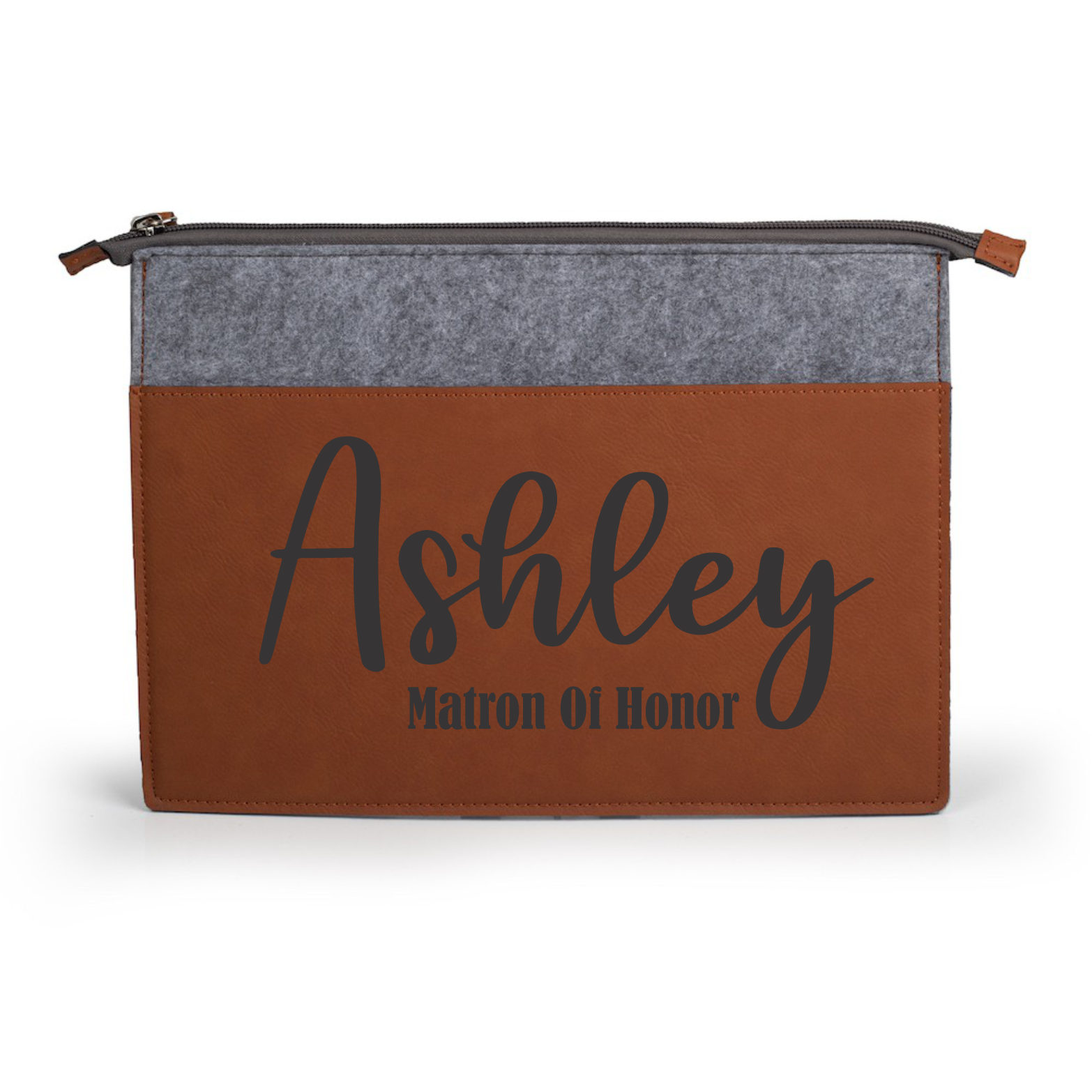 Leather & Grey Fabric Makeup Bag - Name with Option to Add Title - Laser Engraved - High Quality - Wedding Party Gift